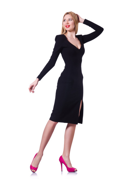vrouw in zwarte jurk in mode concept op wit - Foto, afbeelding