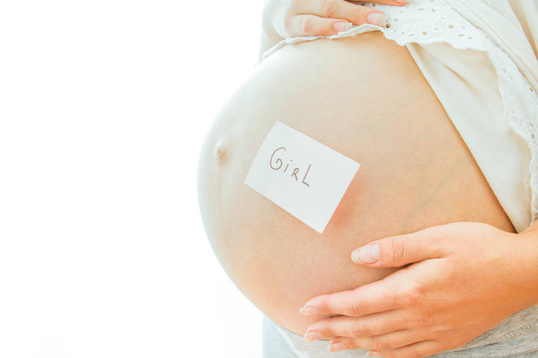 Pregnant girl on white background with stickers - Zdjęcie, obraz