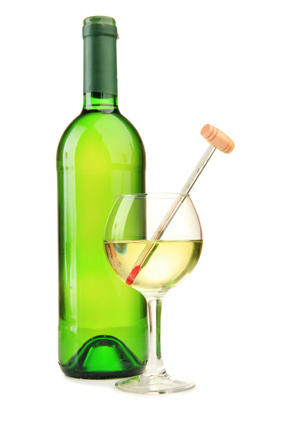Bottle and glass of wine with thermometer, isolated on white - Valokuva, kuva