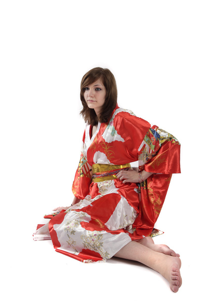Francouzská gejša mladá dívka v červené hedvábné kimono - Fotografie, Obrázek