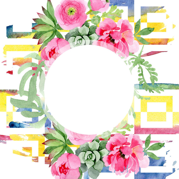 Pink ranunculus floral botanical flowers. Watercolor background illustration set. Frame border ornament square. - Foto, Imagem