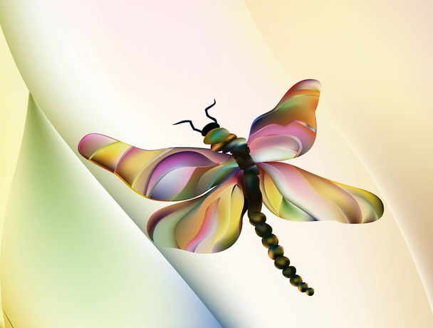 cartoon happy dragonfly neon light. Dragonfly on colorful blurred background. - Vector, Image