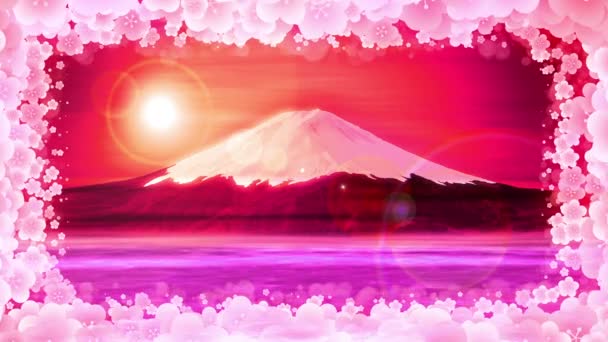 Mt Fuji from lake. Fuji mountain. Plum blossom. Traditional scenery. CG loop Animation. - Footage, Video