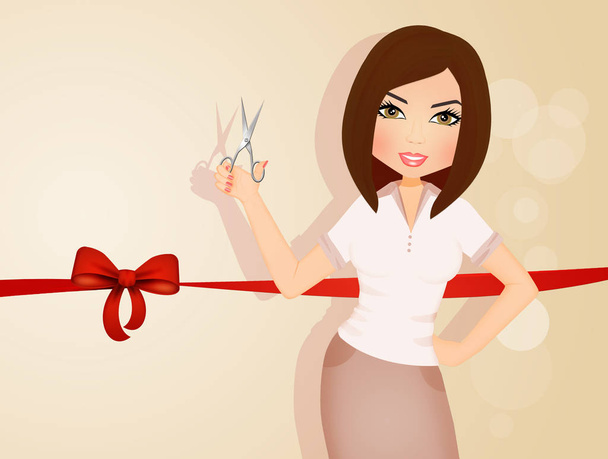 illustration of girl cuts the red ribbon for the inauguration - Фото, изображение
