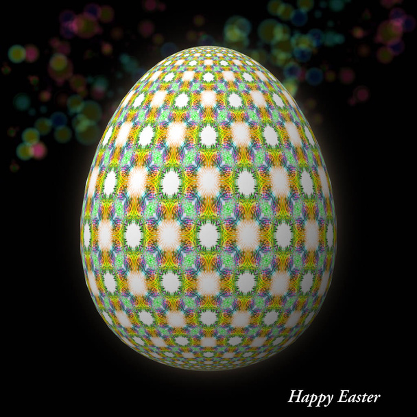 Happy Easter - Frohe Ostern, Artfully designed, abstract and colorful easter egg, 3D illustration on background with bokeh and light leaks - Photo, image