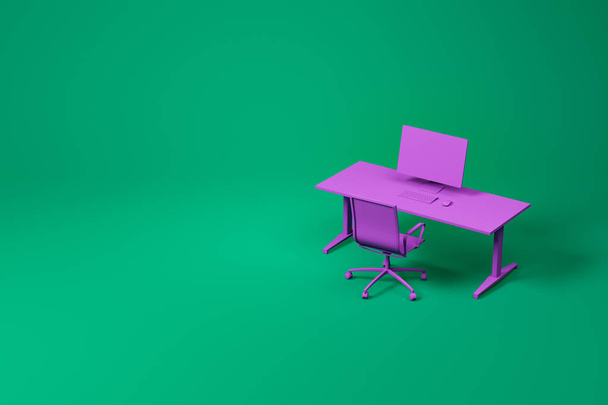 Mesa de ordenador púrpura y silla en verde
 - Foto, imagen