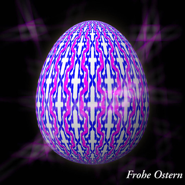 Šťastné Velikonoce-Frohe Ostern, výtvarně navržené, abstraktní a barevné velikonoční vajíčko, 3D ilustrace na pozadí s bokehem a netěsnými úniky - Fotografie, Obrázek