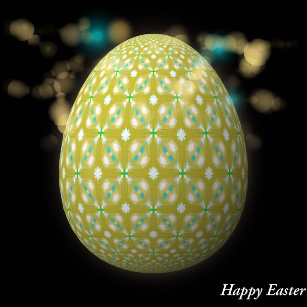 Happy Easter - Frohe Ostern, Artfully designed, abstract and colorful easter egg, 3D illustration on background with bokeh and light leaks - Fotó, kép