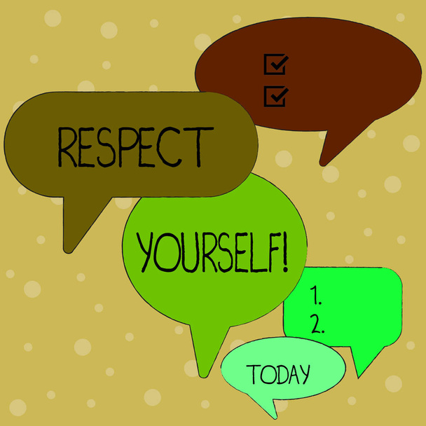 Szöveges jel mutatja tisztelem magad. Fogalmi fotó azt hiszik, hogy jó és érdemes kezelni is sok színes beszéd buborék különböző méretű és árnyékot csoport vita. - Fotó, kép