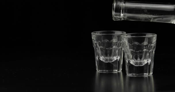 Vierte dos tragos de vodka de una botella en un vaso. Fondo negro
 - Imágenes, Vídeo
