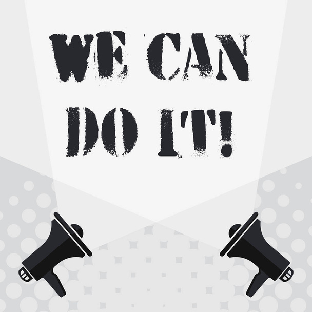Text sign showing We Can Do It. Conceptual photo see yourself as powerful capable demonstrating Blank Double Spotlight Crisscrossing Upward from Two Megaphones on the Floor. - Photo, Image