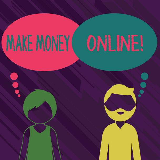 Käsitteellinen käsin kirjoittaminen osoittaa Make Money Online. Business valokuva esittelee tehdä voittoa internetissä kuin freelancing tai markkinointi Parrakas mies ja nainen tyhjä Värikäs Ajatuskupla
. - Valokuva, kuva