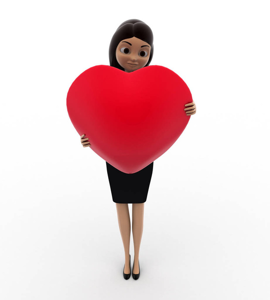 3d woman holding big red heart concept on white background, front angle view - Fotó, kép