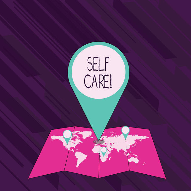 Käsitteellinen käsiala osoittaa Self Care. Business valokuva esittelee käytäntö ryhtyä toimiin säilyttää tai parantaa omaa terveyttään Värikäs Sijainti Pin Osoittaa alueen tai GPS-osoite kartalla
. - Valokuva, kuva
