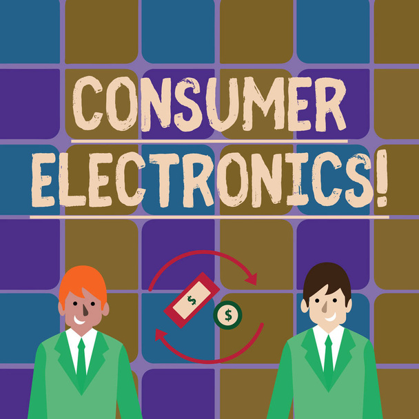 Rukopis s psaním spotřební elektroniky Koncepce znamenající spotřebitelům pro každodenní a nekomerční účely peníze v dolarovém znaménka uvnitř otáčejících se šipek mezi dvěma obchodníky. - Fotografie, Obrázek