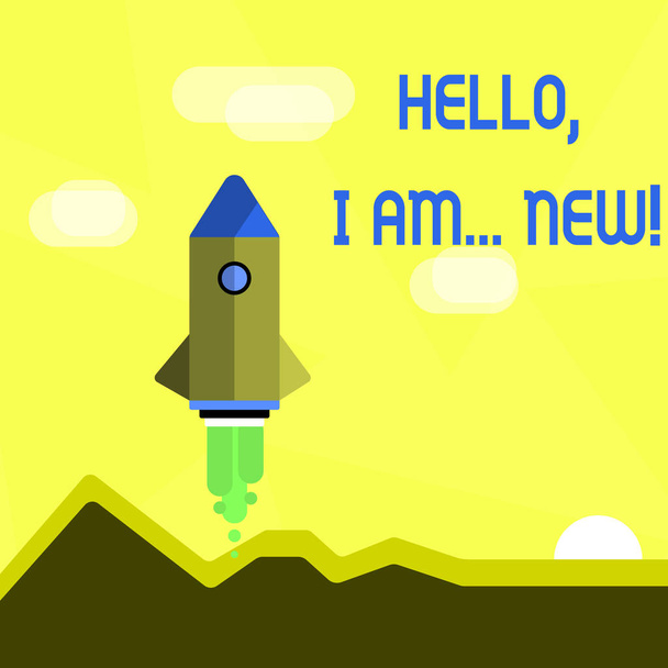 Käsiala Hello I Am New. Käsite merkitys käytetty tervehdys tai aloittaa puhelinkeskustelun Värikäs avaruusalus Shuttle Rocketship Käynnistäminen New Business Startup
. - Valokuva, kuva