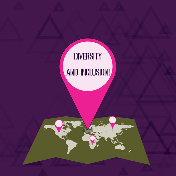 Writing note showing Diversity And Inclusion. Business photo showcasing range huanalysis difference includes race ethnicity gender Colorful Location Pin Pointing to Area or GPS Address on Map. - Photo, Image