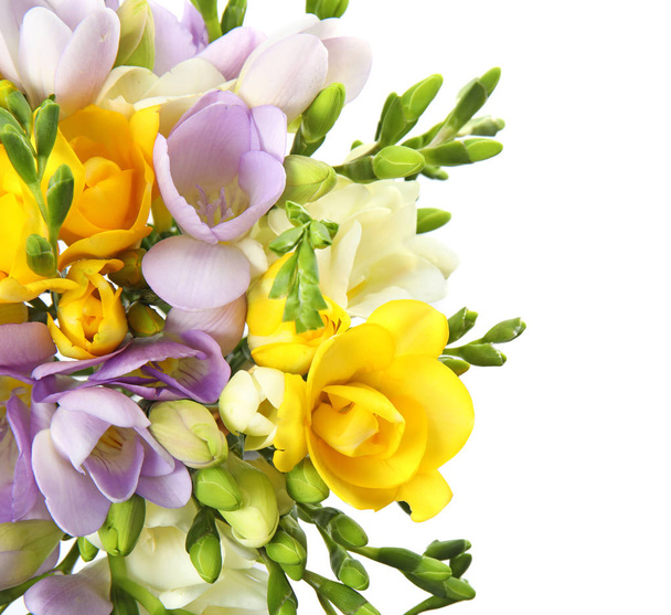 Bouquet of fresh freesia flowers isolated on white, top view - Photo, Image