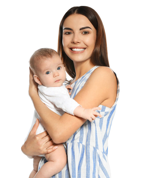 Portrait of happy mother with her baby isolated on white - Photo, Image