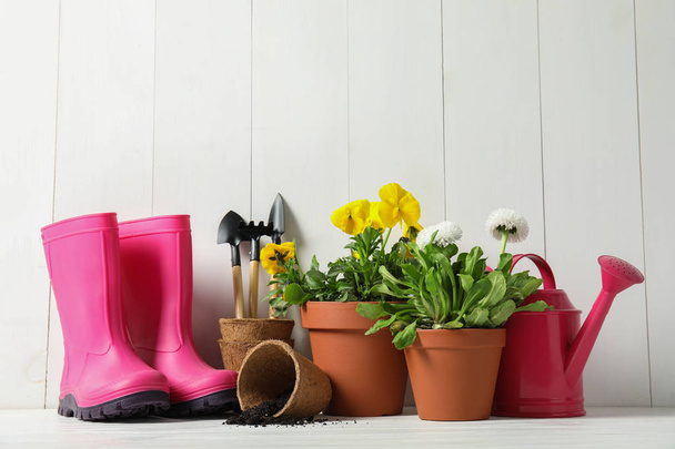 Blooming flowers in pots and gardening equipment on table - Fotografie, Obrázek