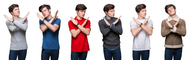 Collage de jeune homme sur fond blanc isolé Expression de rejet croisant les bras faisant signe négatif, visage en colère
 - Photo, image