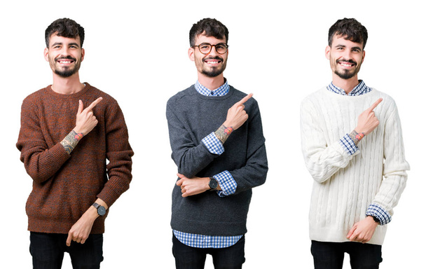 Collage of young man wearing a sweater over isolated background cheerful with a smile of face pointing with hand and finger up to the side with happy and natural expression on face - Photo, Image