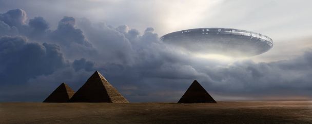 Piramitler üzerinde bir uçan daire 3d render - Fotoğraf, Görsel
