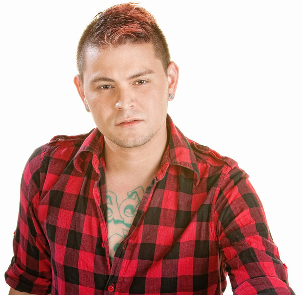 Tough young punk in flannel shirt over white - Photo, Image