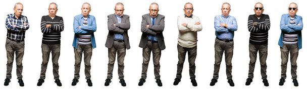 Collage di bell'uomo anziano su sfondo bianco isolato scettico e nervoso, espressione di disapprovazione sul viso con le braccia incrociate. Persona negativa
. - Foto, immagini