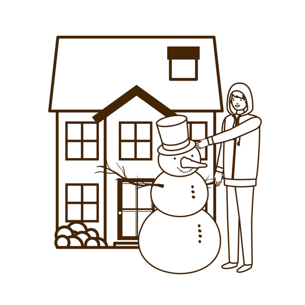 uomo con pupazzo di neve fuori casa
 - Vettoriali, immagini
