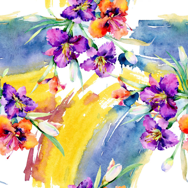 Purple daylily bouquet flores botánicas florales. Conjunto de ilustración de fondo acuarela. Patrón de fondo sin costuras
. - Foto, imagen