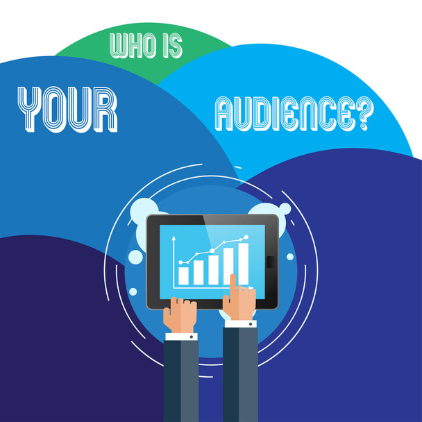 Handwriting text Who Is Your Audience Question. Concept meaning who is watching or listening to it Businessman Hand Touching Pointing to Bar Line Chart on Smartphone Screen. - Photo, Image