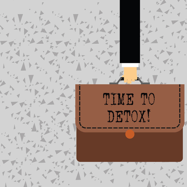Pisanie tekstu Time To Detox. Koncepcja biznesowa podczas oczyszczania organizmu z toksyn lub zaprzestania spożywania narkotyków Biznesmen Hand Carrying Colorful Teczka Portfolio with Stitch Applique. - Zdjęcie, obraz