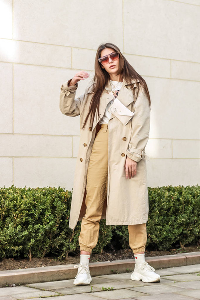Portrait shooting of a stylish girl. Beige shades. Trends of spr - Photo, Image