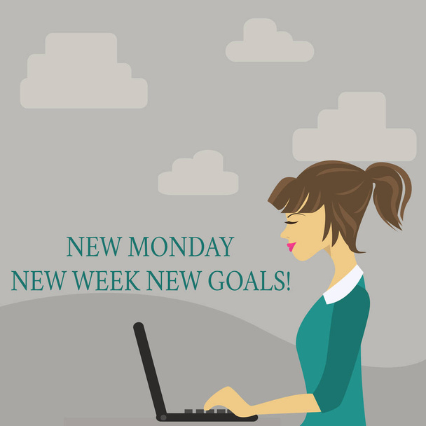 Text sign showing New Monday New Week New Goals. Conceptual photo goodbye weekend starting fresh goals targets photo of Young Busy Woman Sitting Side View and Working on her Laptop. - Photo, Image