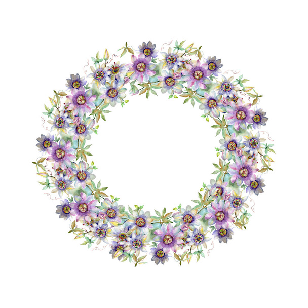 blauviolette Blumensträuße mit botanischen Blumen. Aquarell Hintergrundillustration Set. Rahmen Rand Ornament Quadrat. - Foto, Bild