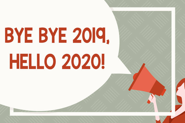 Ένδειξη κειμένου που δείχνει Γεια σου 2019 Γεια σου 2020. Εννοιολογική φωτογραφία που λέει αντίο στο προηγούμενο έτος και καλωσορίζοντας ένα άλλο καλό ένα τεράστιο κενό ομιλία γύρο φούσκα σχήμα. Λεπτή γυναίκα κρατώντας πολύχρωμο μεγάφωνο. - Φωτογραφία, εικόνα