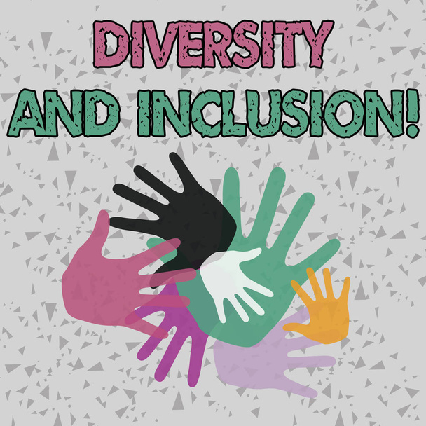 Text sign showing Diversity And Inclusion. Conceptual photo range huanalysis difference includes race ethnicity gender Color Hand Marks of Different Sizes Overlapping for Teamwork and Creativity. - Photo, Image