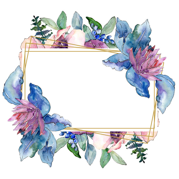Buquê roxo flor botânica floral. Conjunto de ilustração de fundo aquarela. Quadro borda ornamento quadrado
. - Foto, Imagem