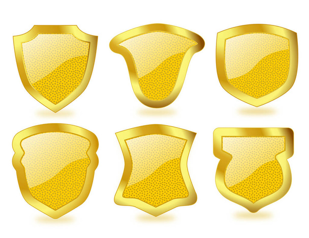 Set of vibrant polka dotted glass shields with broad golden frames - Φωτογραφία, εικόνα