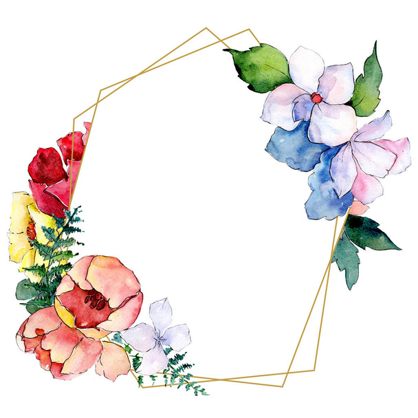 Bouquets fleurs botaniques florales. Ensemble d'illustration de fond aquarelle. Cadre bordure cristal ornement carré
. - Photo, image