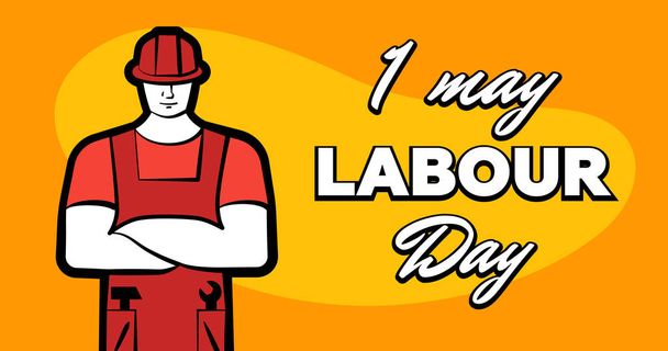 Hombre trabajador en casco de construcción roja e inscripción Feliz día del trabajo. 1 puede tarjeta de felicitación. Poster o banner vector ilustración
 - Vector, Imagen
