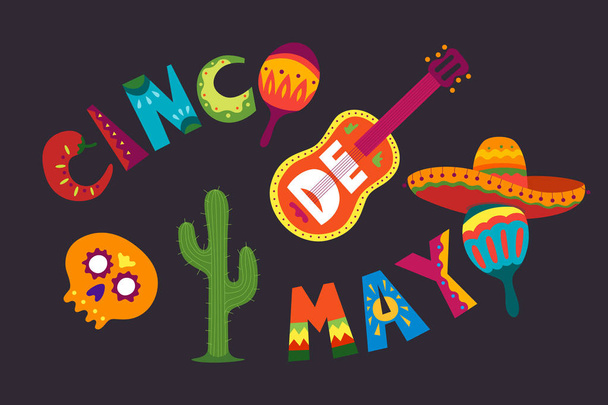 Синко де Майо в Мексике. 5 мая, выходной в Латинской Америке. Красочный, подробный, много объектов на заднем плане. Векторный шаблон с традиционными мексиканскими символами череп, гитара, цветы, красный перец
 - Вектор,изображение