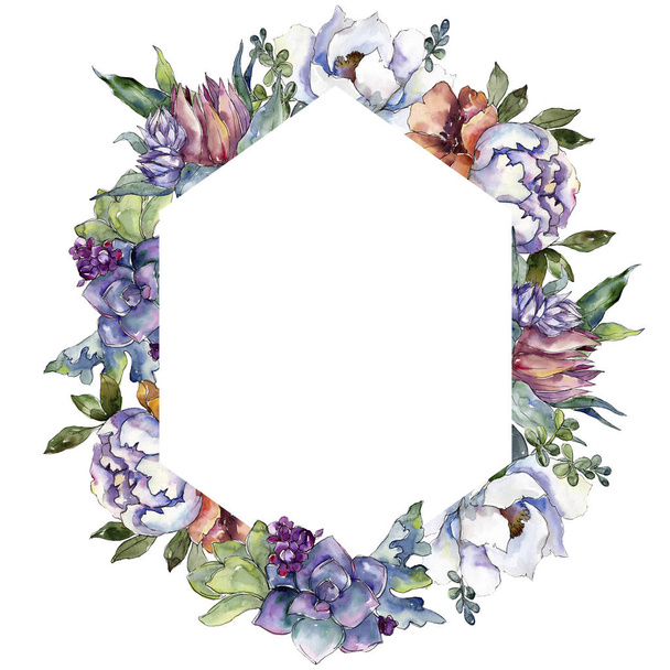 Bouquets floral botanical flowers. Watercolor background illustration set. Frame border ornament square. - 写真・画像