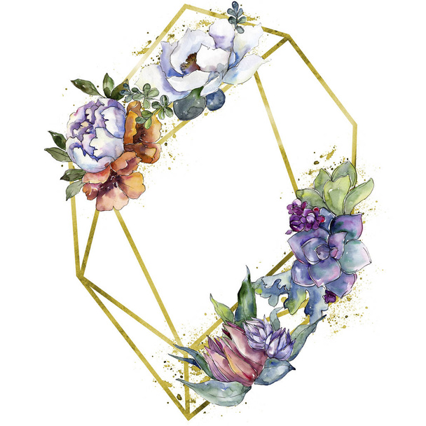 Bouquets fiori botanici floreali. Acquerello sfondo illustrazione set. Quadrato ornamento bordo cornice
. - Foto, immagini