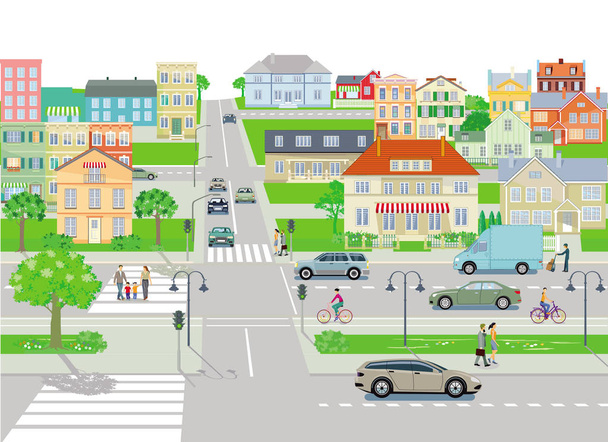 Small town with traffic and pedestrians - Vector, Image
