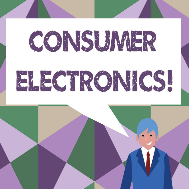 Pisanie notatki przedstawiającej Consumer Electronics. Biznesowe zdjęcie pokazujące konsumentów w celach codziennych i niekomercyjnych Biznesmen uśmiechnięty i mówiący puste Kolor Speech Bubble. - Zdjęcie, obraz