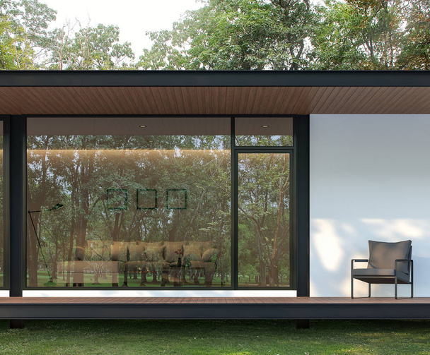 庭3Dレンダー内の近代的なハウステラスの外観は、木製の床と天井があり、周囲の自然を反映した大きなガラス窓があります. - 写真・画像