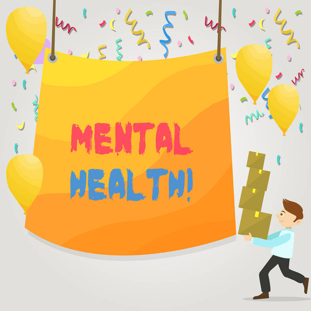 Conceptual hand writing showing Mental Health. Business photo text demonstratings condition regard to their psychological well being Man Carrying Pile of Boxes with Tarpaulin in Center Balloons. - Fotoğraf, Görsel