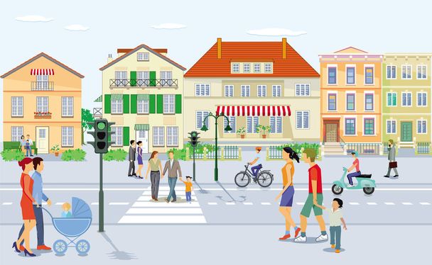Kaupunkikuva paikallisella liikenteellä ja jalankulkijoilla
 - Vektori, kuva